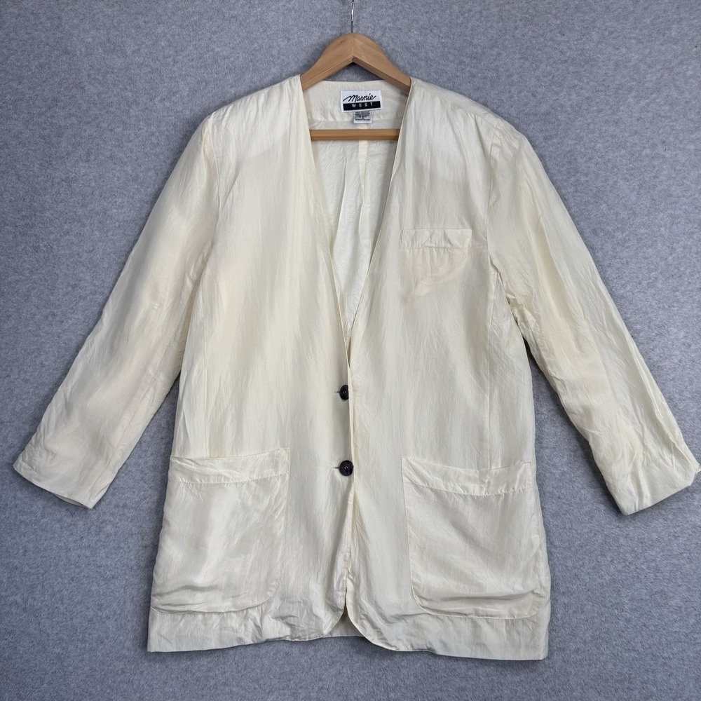 Marnie West 100% Silk Blazer Jacket Small Cream VTG 80s Shoulder Pads Button Up
